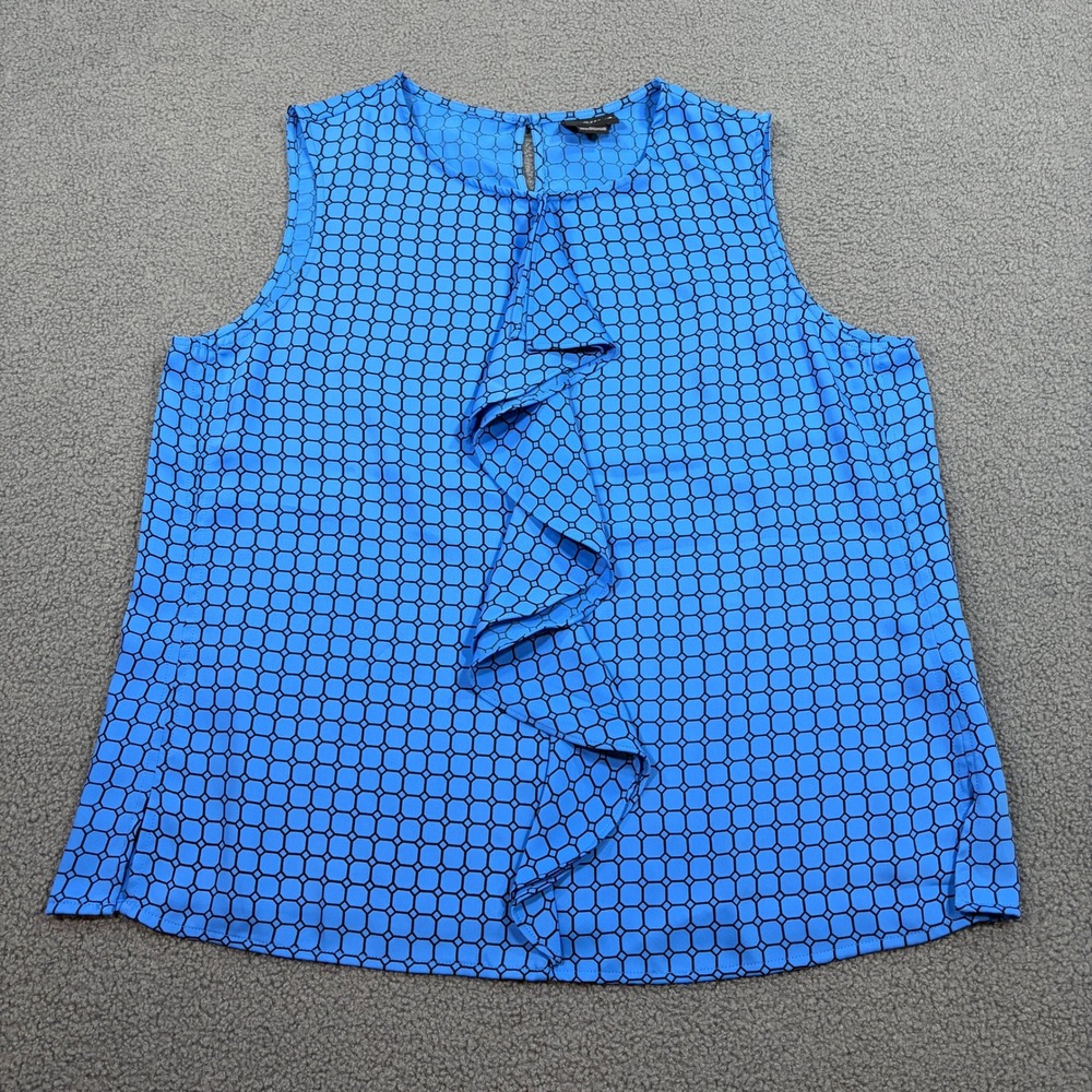 Liz Claiborne Top Womens XL Blue Career Ruffle Front Sleeveless Geometric Blouse